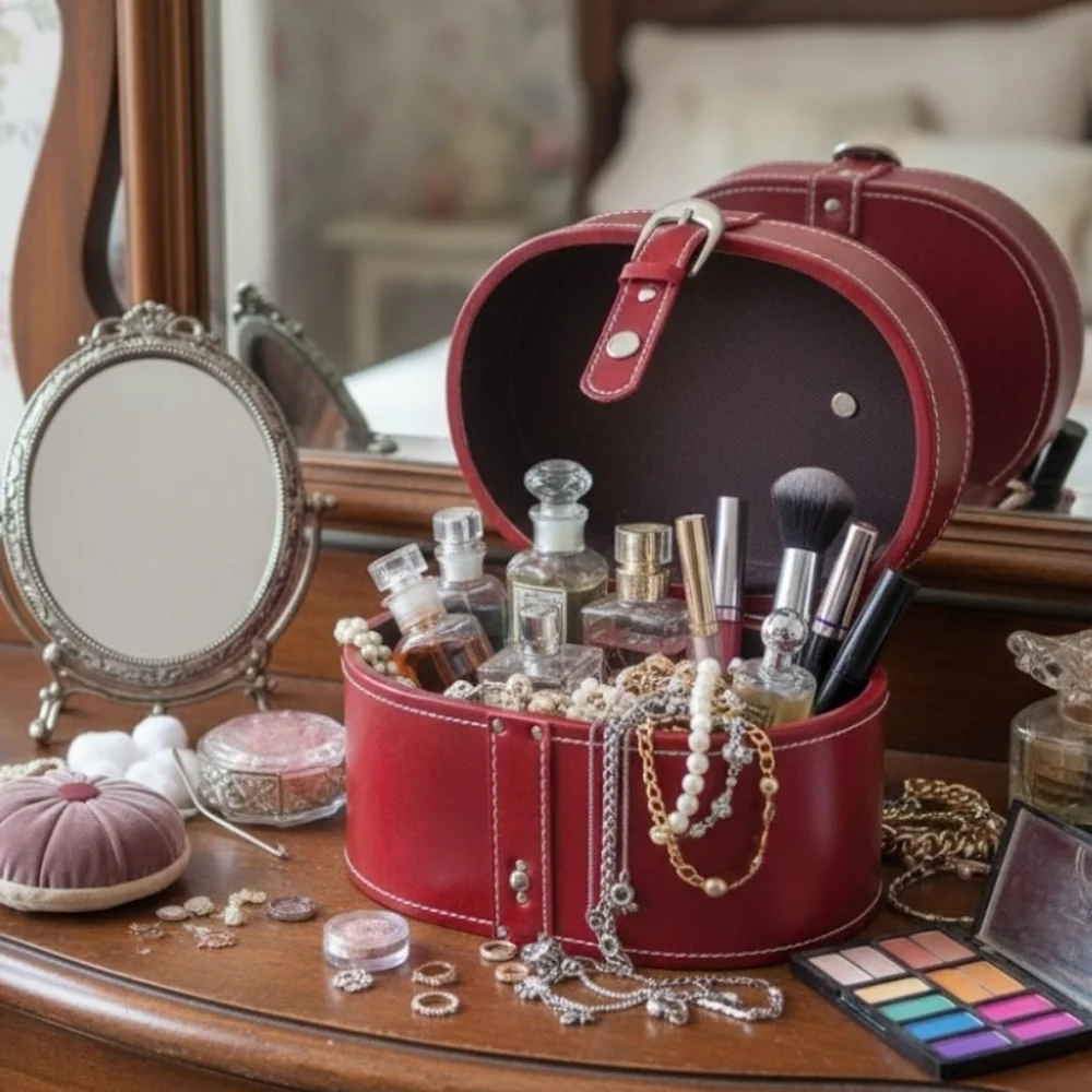 Vintage Style Faux Leather Burgundy Oval Storage Case Contrast White Stitching